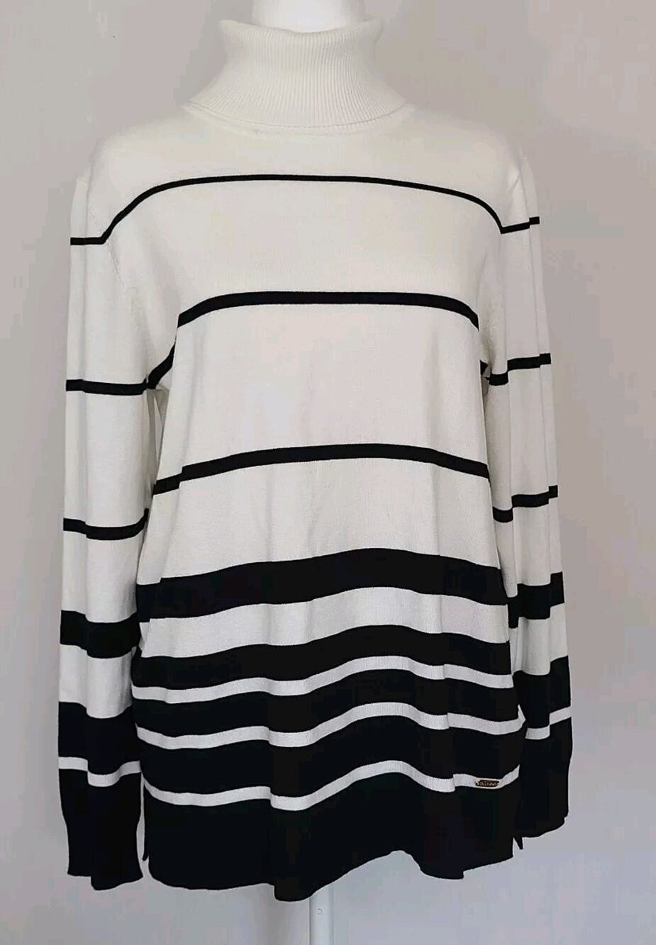 Calvin Klein Womens Med Striped Turtleneck Long Sleeve Tunic Sweater White Black - Picture 1 of 6